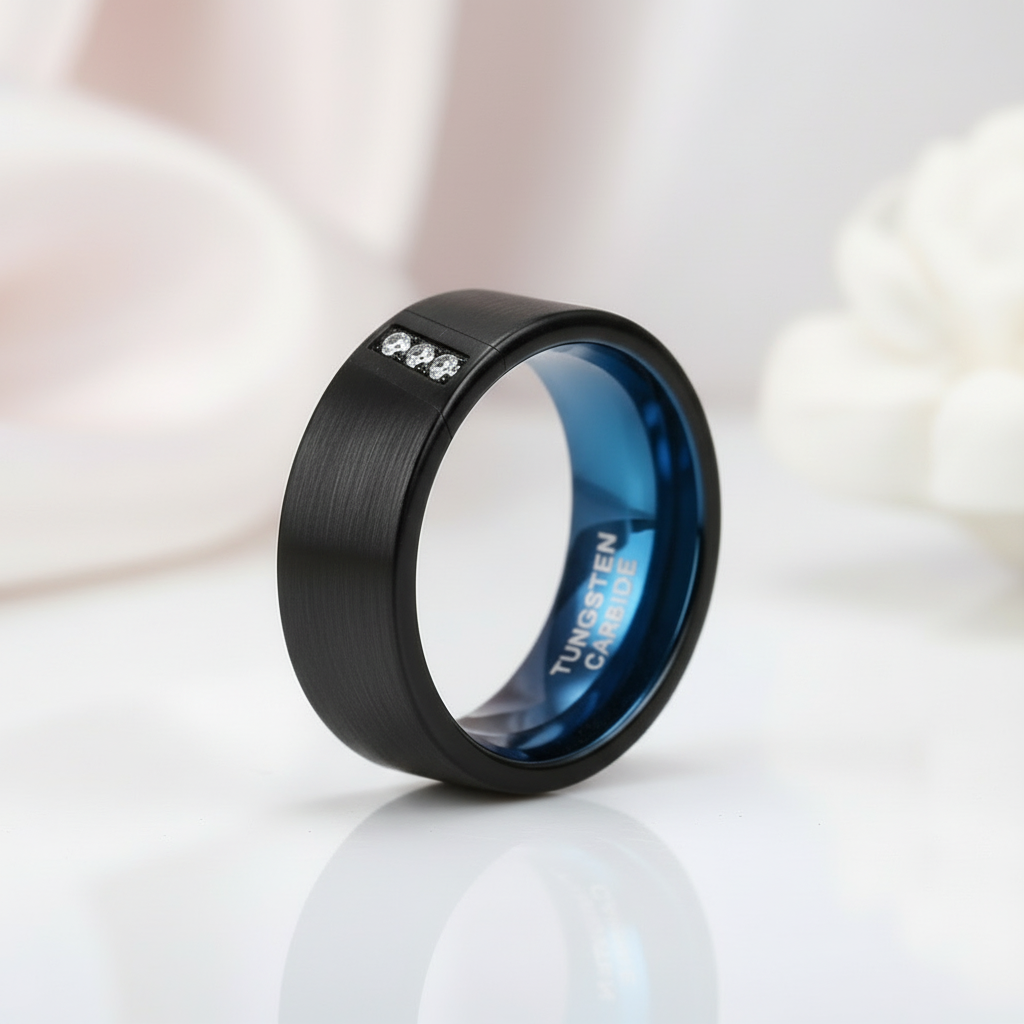 Diagonal Diamond Brushed Men's Tungsten Wedding Band-Black Diamonds New York