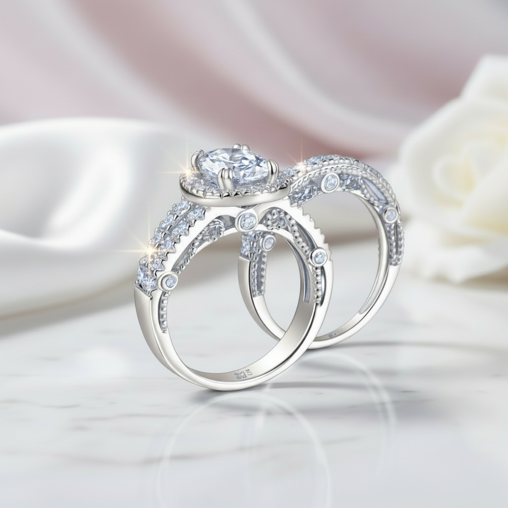 Oval Cut Diamond Vintage Halo Engagement Ring Set-Black Diamonds New York