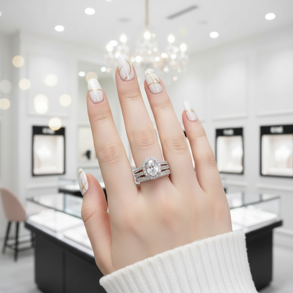 Oval Cut Diamond Vintage Halo Engagement Ring Set-Black Diamonds New York