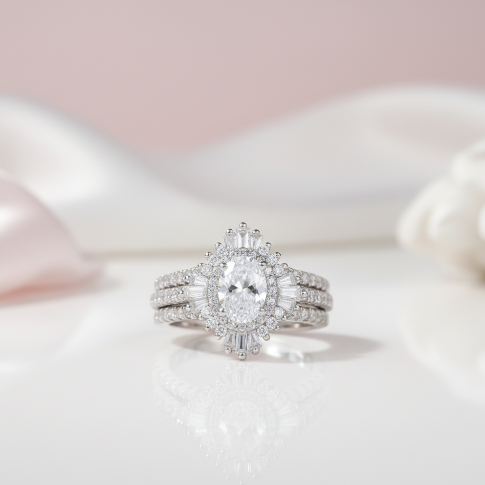 Oval Cut Diamond Sunflower Engagement Ring Set-BDNY