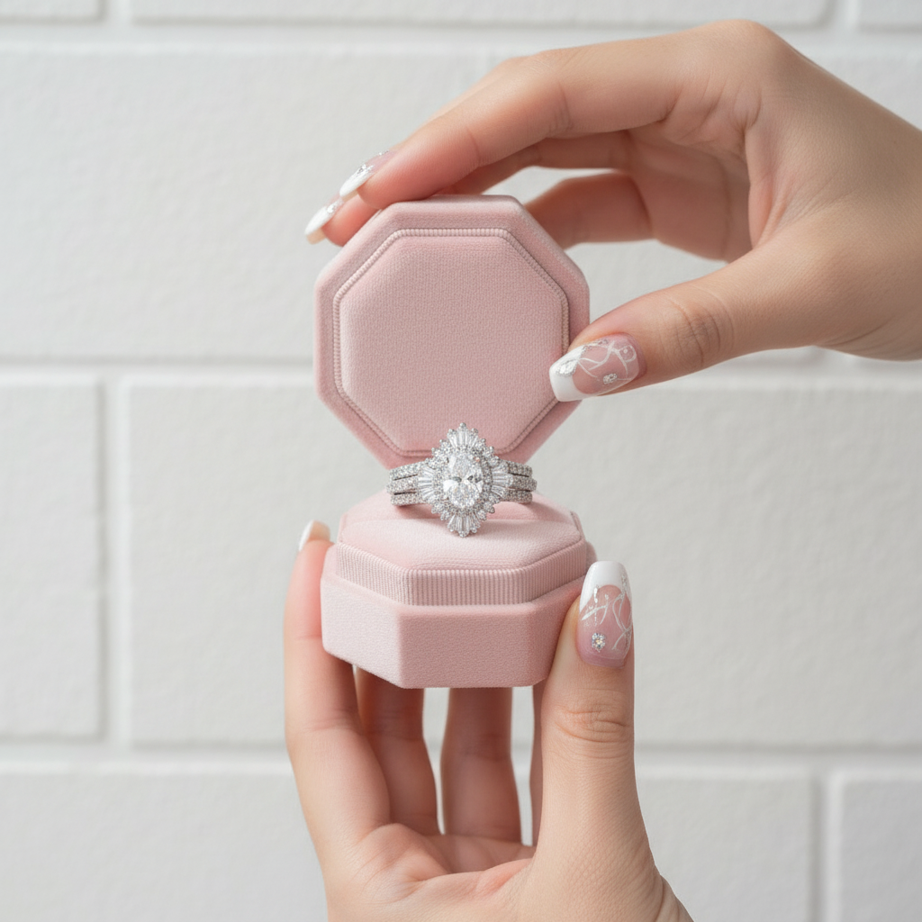 Diamond ring on a pink jewelry box with a soft pink background