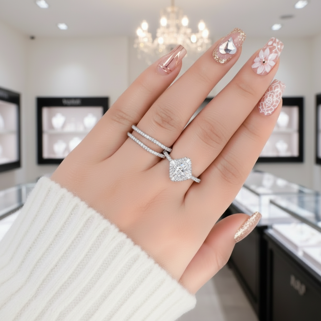 Silver ring with a heart-shaped diamond on a hand with pink nail polish.