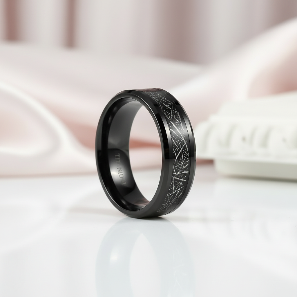 Black Beveled Titanium Wedding Band with Silk Inlay-Black Diamonds New York