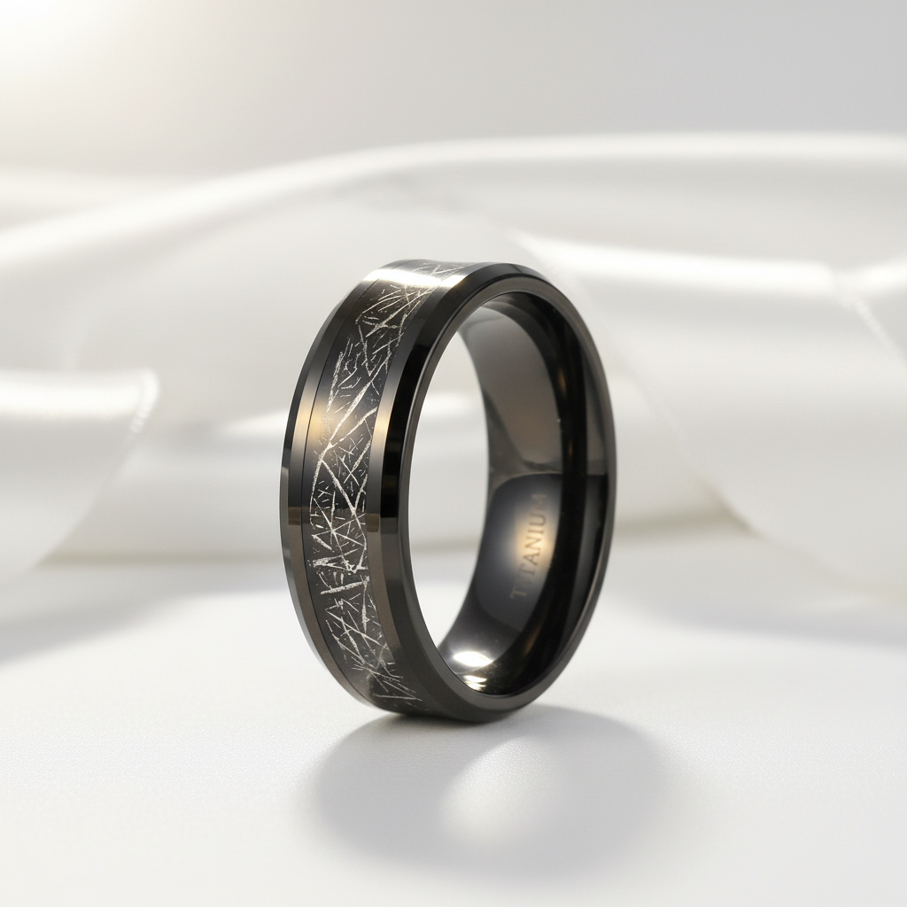 Black Beveled Titanium Wedding Band with Silk Inlay-Black Diamonds New York