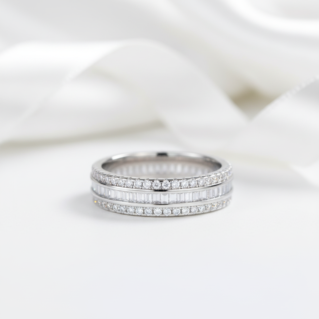 Emerald Cut Diamond Option Three-Layer Wedding Band-Black Diamonds New York