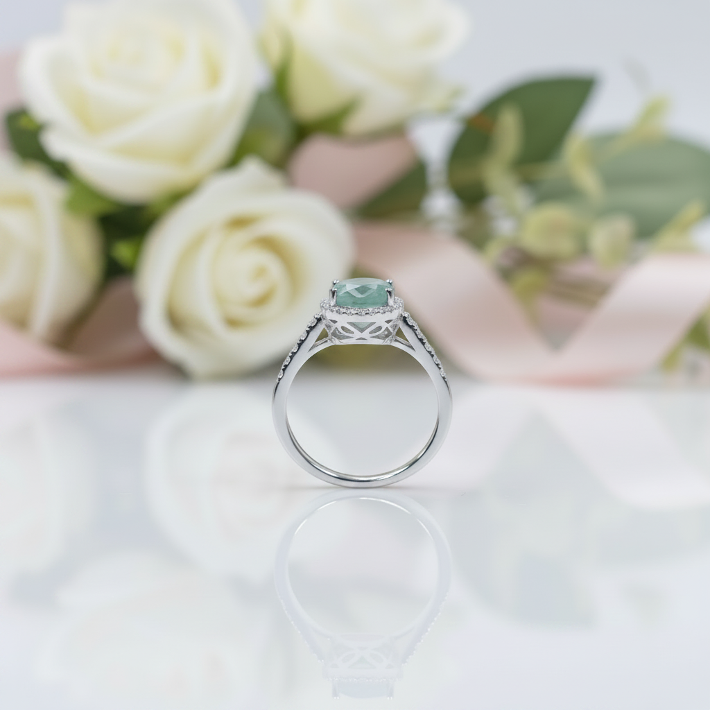 8mm Round Moss Agate Halo Engagement Ring-Black Diamonds New York