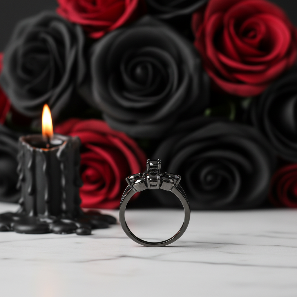 Pear-Cut Black Spinel Gothic Ring-Black Diamonds New York