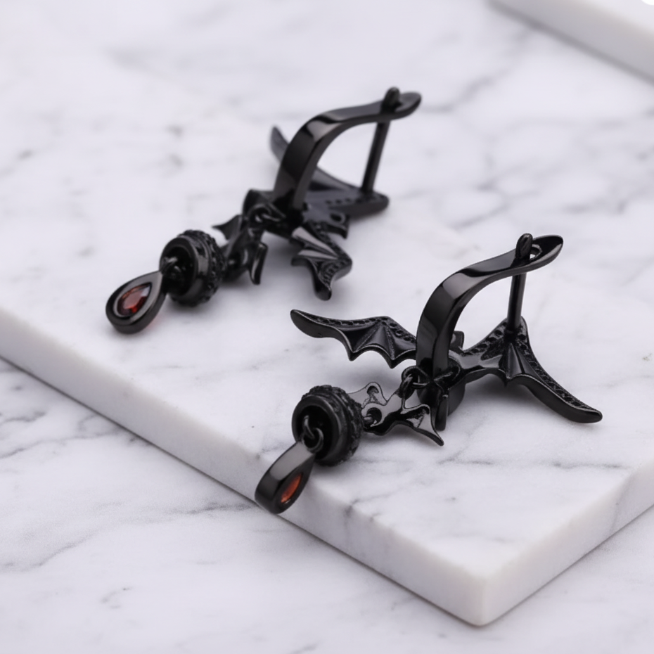 Bat Shaped Natural Garnet Vintage Gothic Punk Earrings-Black Diamonds New York