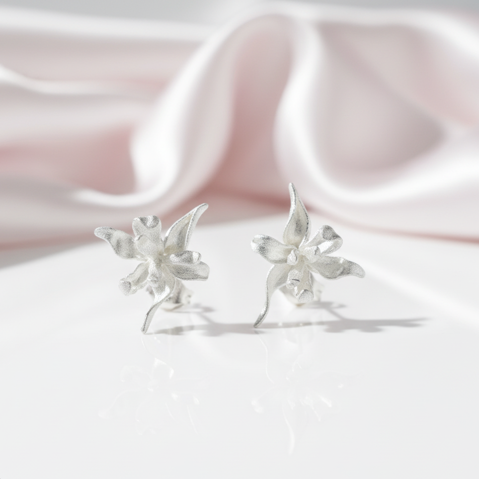 Elegant Iris Flower Stud Earrings-Black Diamonds New York
