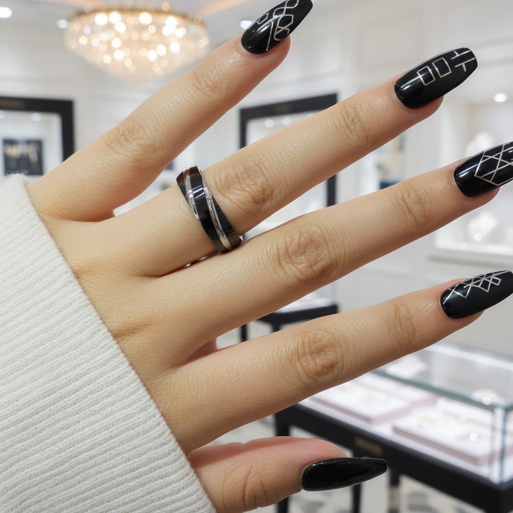 Titanium Steel Ring Band-Black Diamonds New York