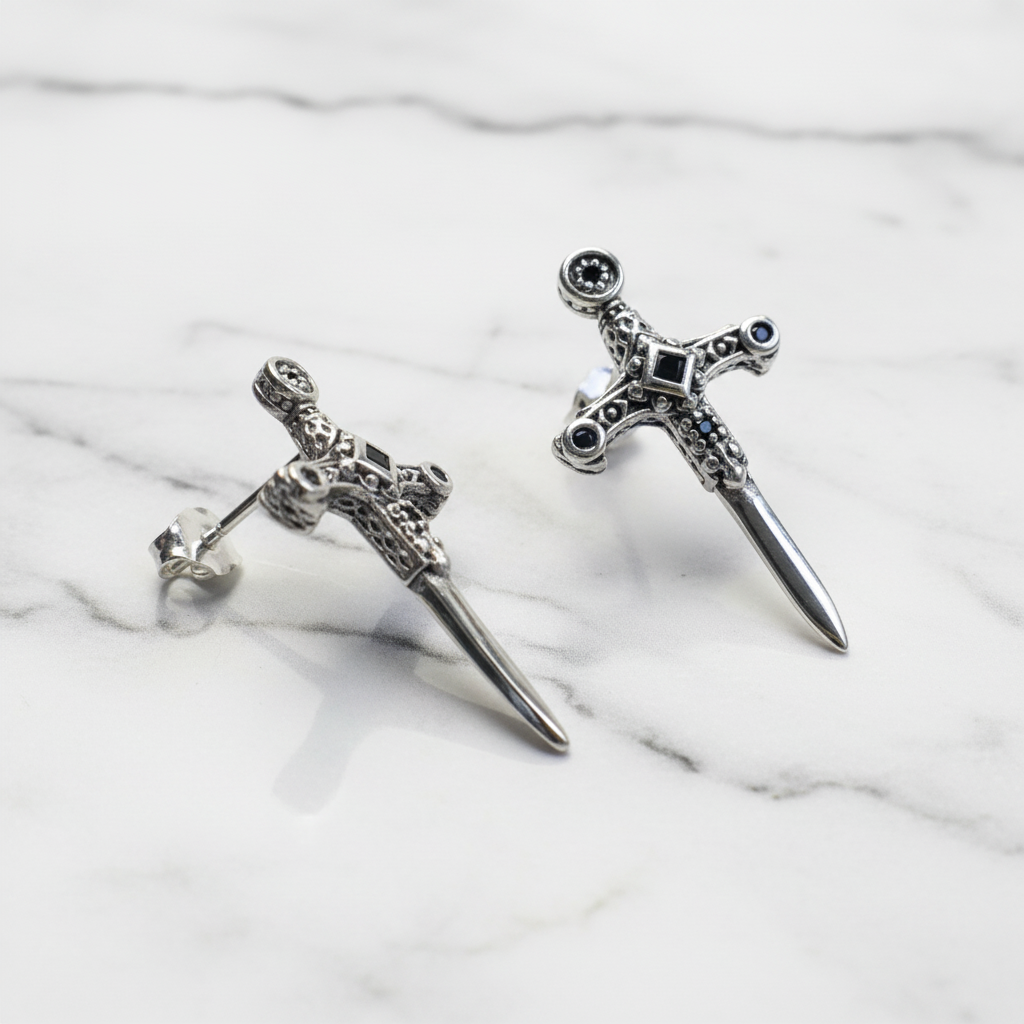 Punk Cross Sword Stud Earrings-Black Diamonds New York