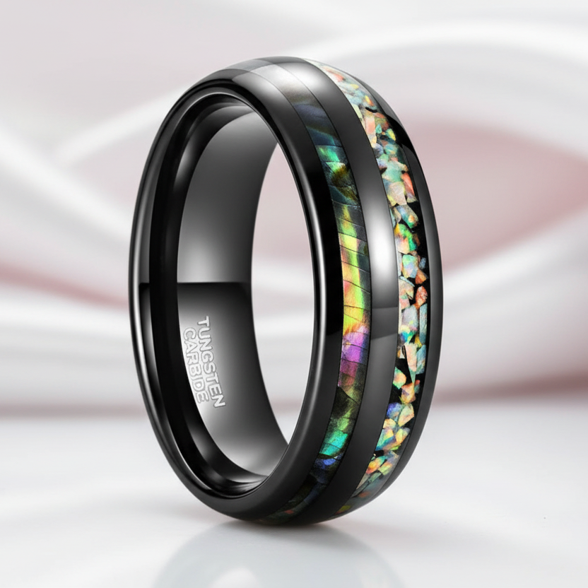 Galaxy Opal & Abalone Shell Men's Tungsten Wedding Band-Black Diamonds New York