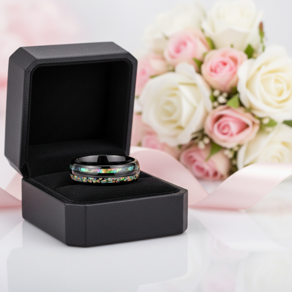 Galaxy Opal & Abalone Shell Men's Tungsten Wedding Band-Black Diamonds New York