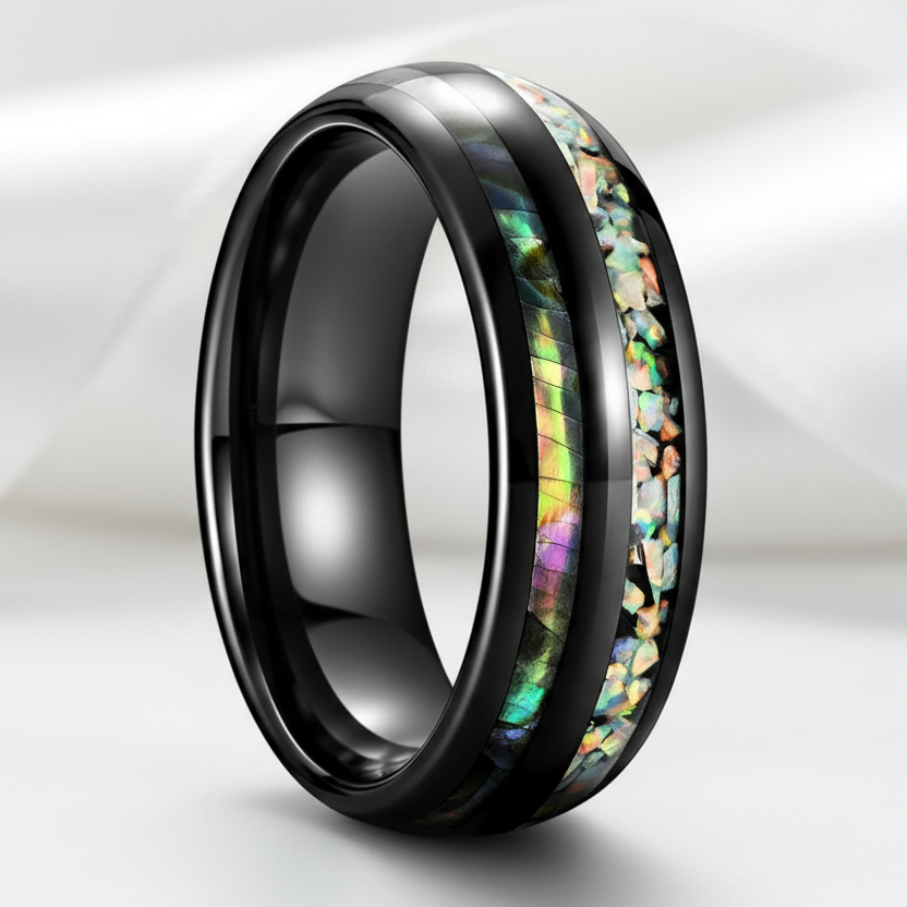 Galaxy Opal & Abalone Shell Men's Tungsten Wedding Band-Black Diamonds New York