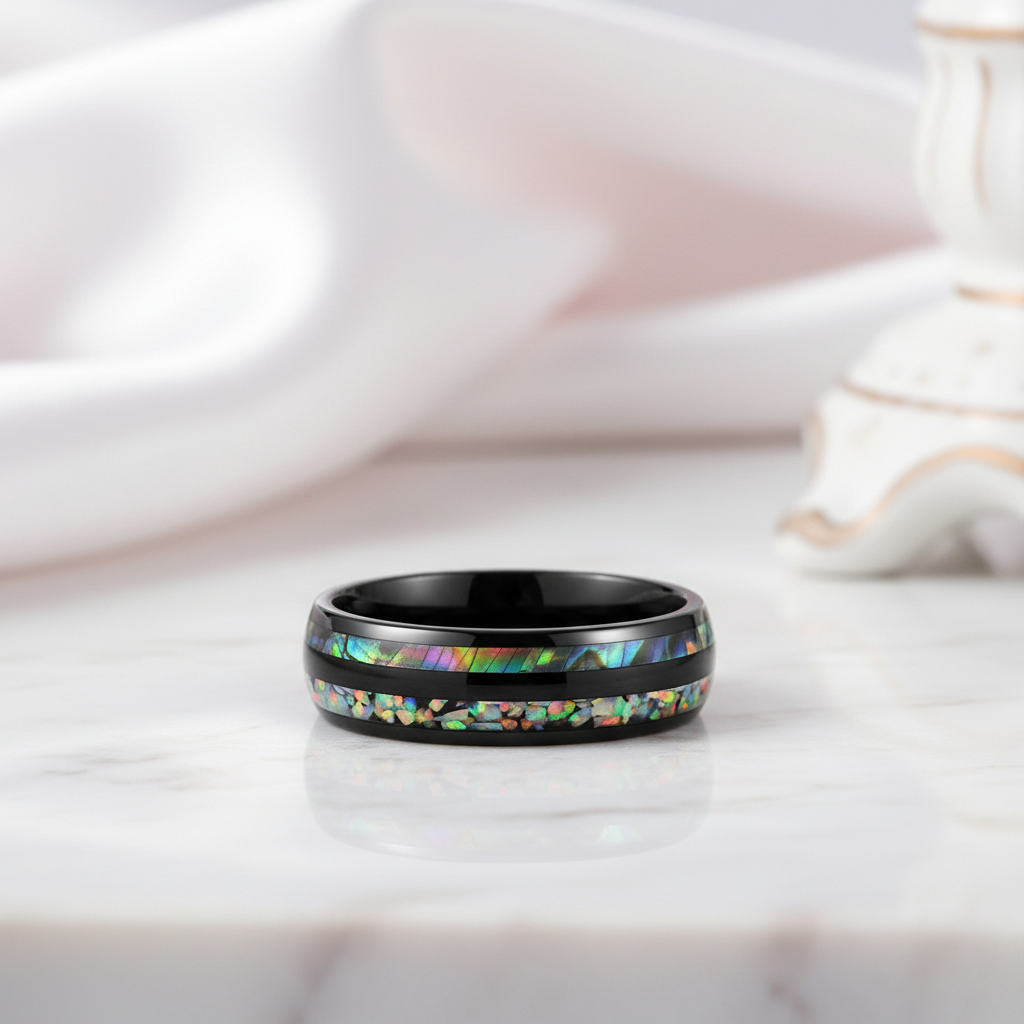 Galaxy Opal & Abalone Shell Men's Tungsten Wedding Band-Black Diamonds New York