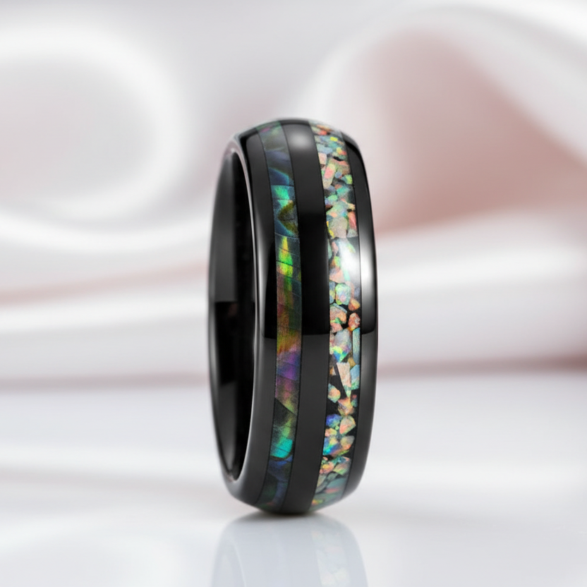 Galaxy Opal & Abalone Shell Men's Tungsten Wedding Band-Black Diamonds New York