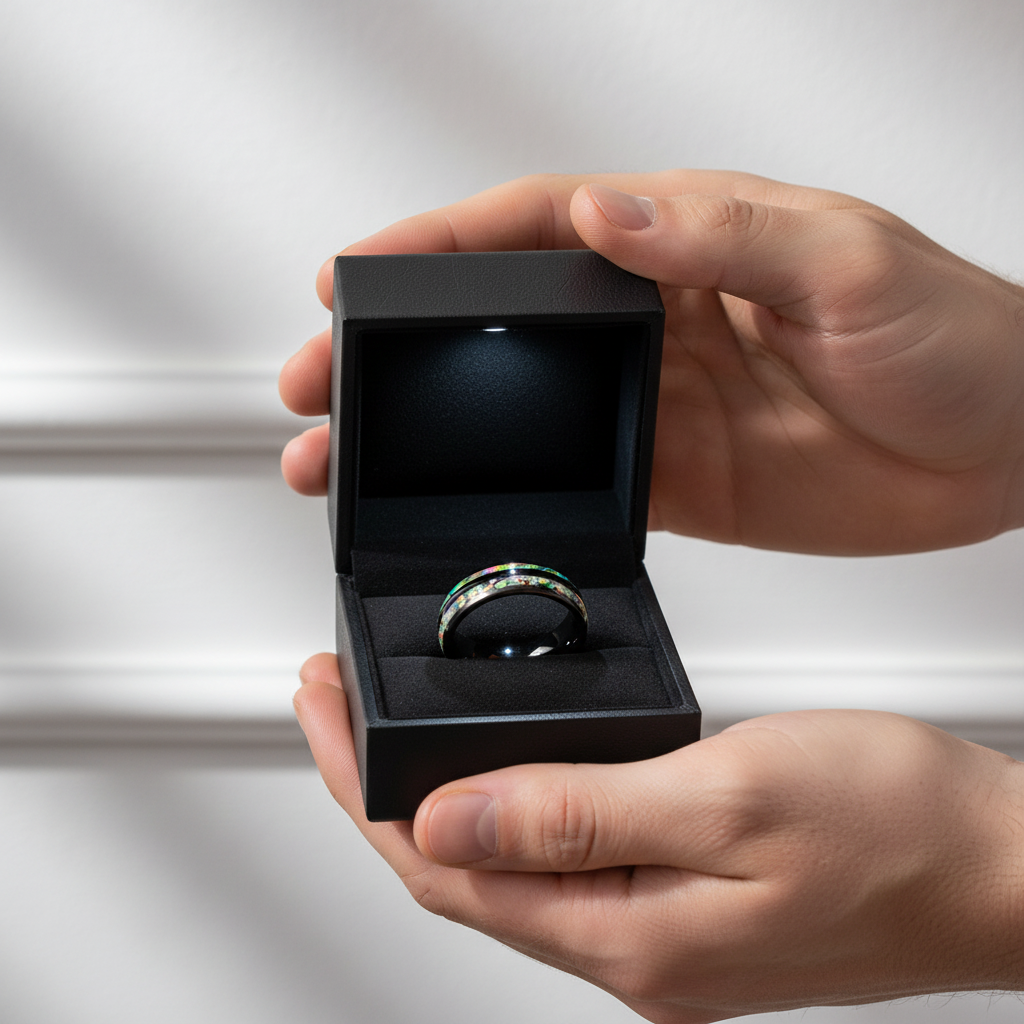 Galaxy Opal & Abalone Shell Men's Tungsten Wedding Band-Black Diamonds New York