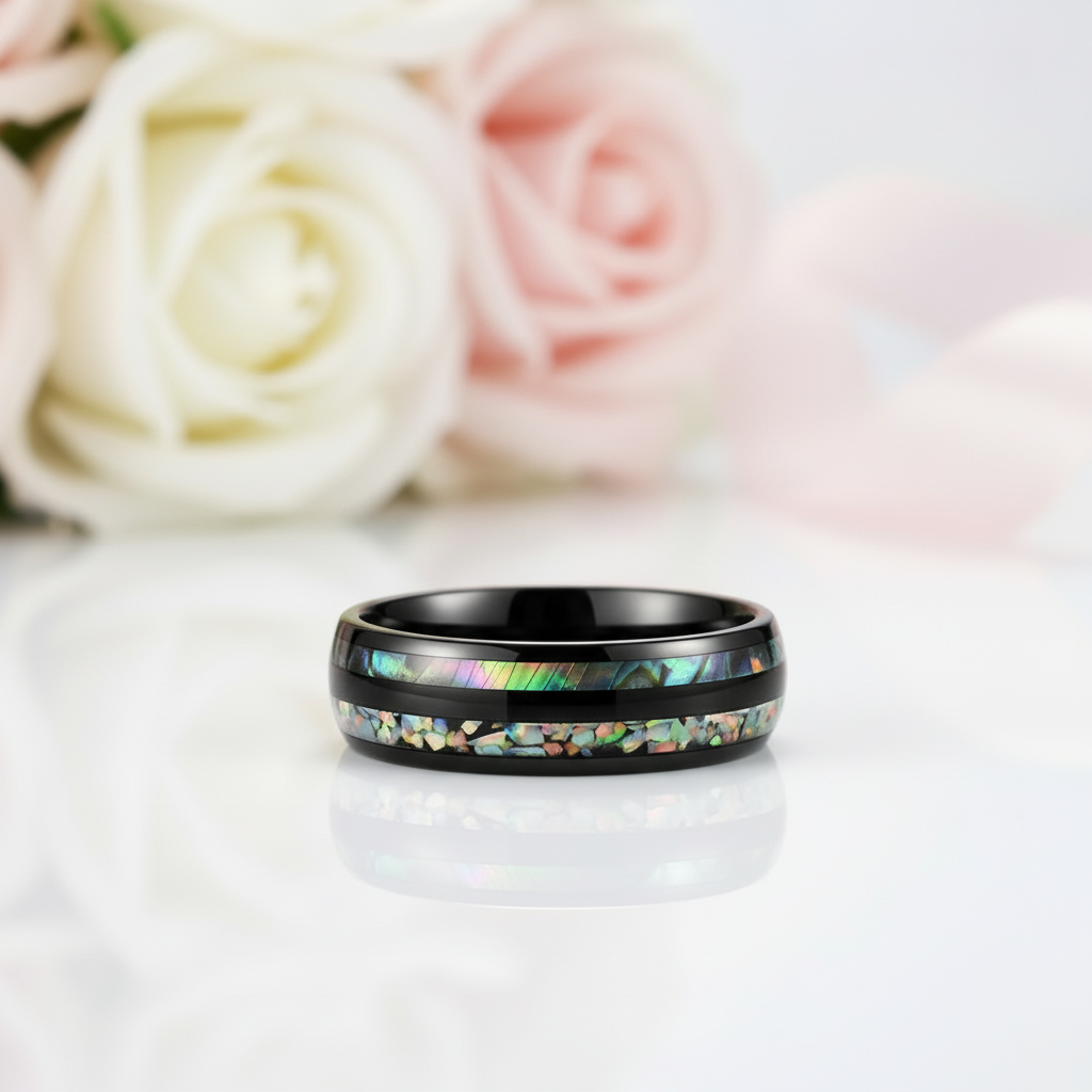 Galaxy Opal & Abalone Shell Men's Tungsten Wedding Band-Black Diamonds New York