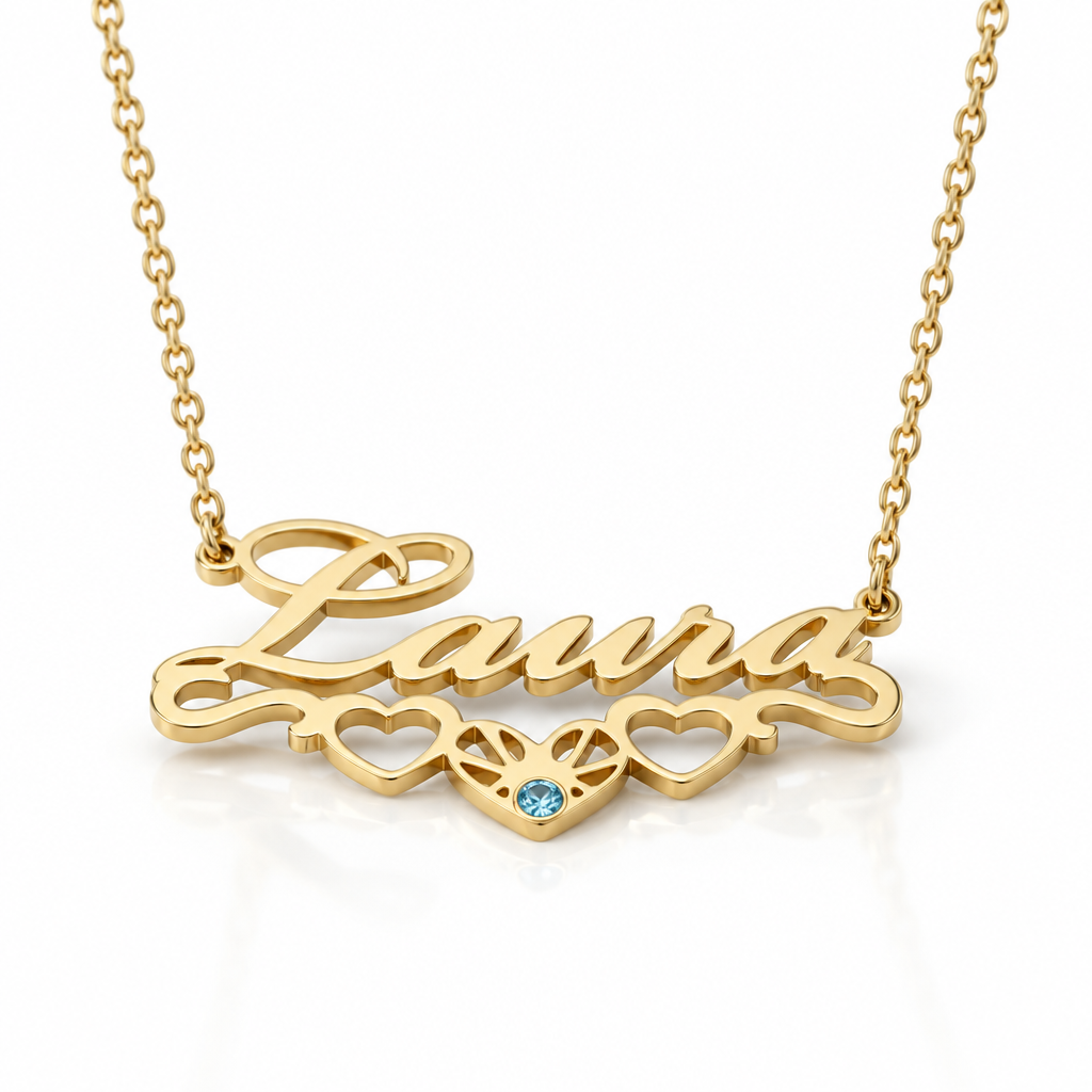 Custom Name, Heart & Birthstone Necklace-Black Diamonds New York