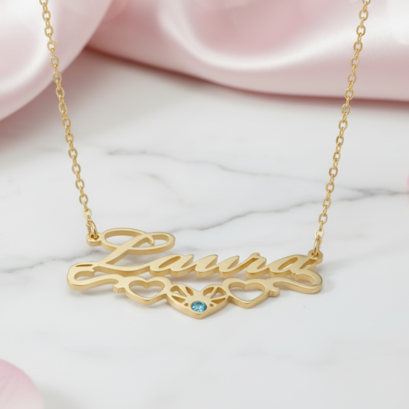 Custom Name, Heart & Birthstone Necklace-Black Diamonds New York