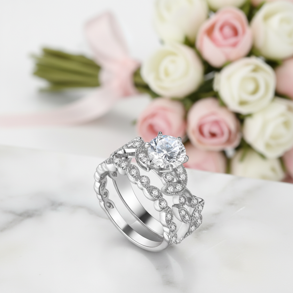 Round Cut Diamond Option Vintage Ring Set-Black Diamonds New York