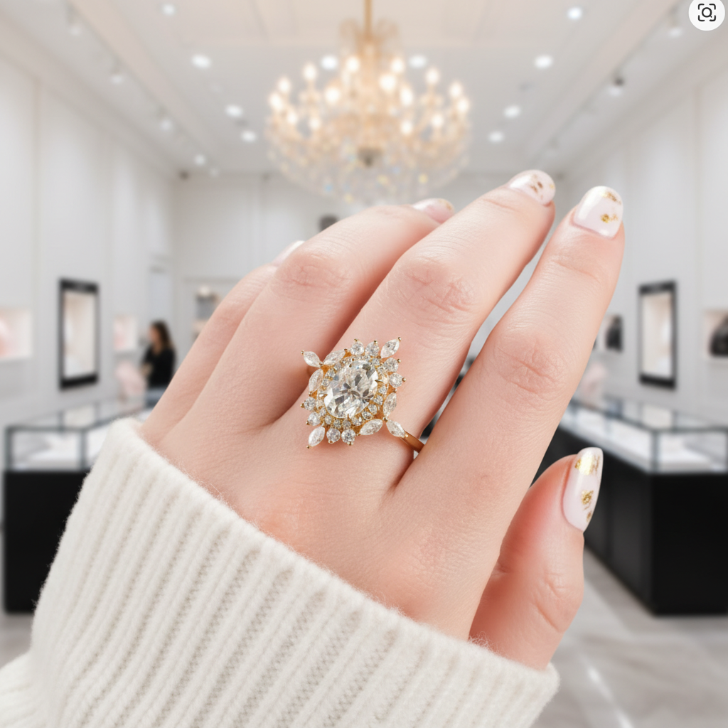 14k Gold Oval Cut 1.0 Ct Diamond Option Antique Flower Engagement Ring-Black Diamonds New York