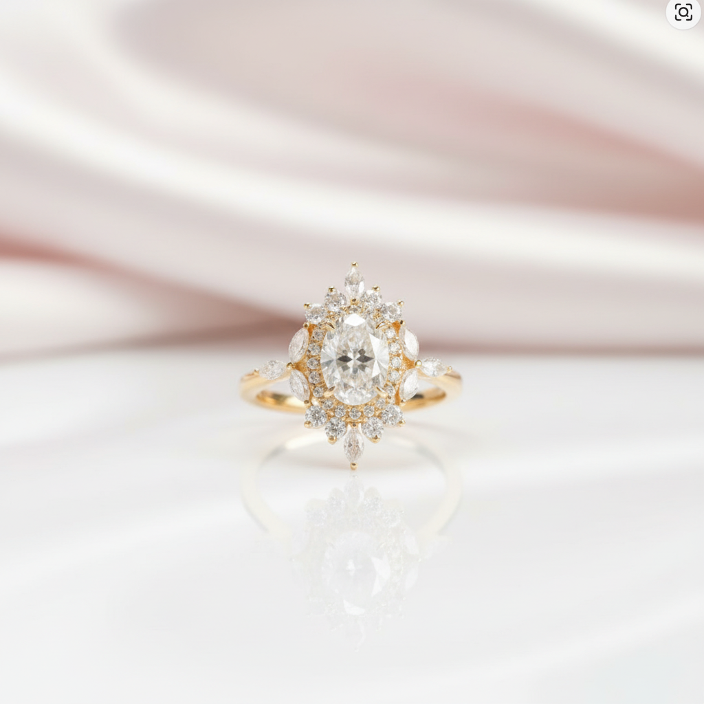 14k Gold Oval Cut 1.0 Ct Diamond Option Antique Flower Engagement Ring-Black Diamonds New York