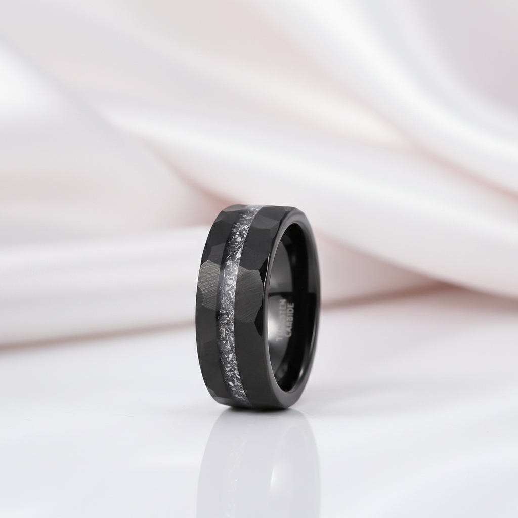 Aluminum Slag Inlay Hammered & Grooved Tungsten Carbide Ring-Black Diamonds New York