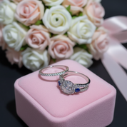 Round Cut Diamond Option with Blue Side Stones Halo Ring Set-Black Diamonds New York
