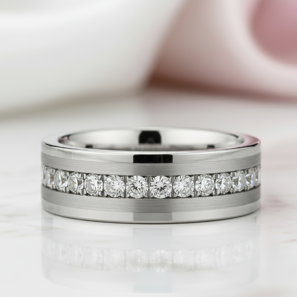 VIP Custom Order - Diamond Option Inlay Beveled Matte Edges Tungsten Men's Wedding Band-Black Diamonds New York