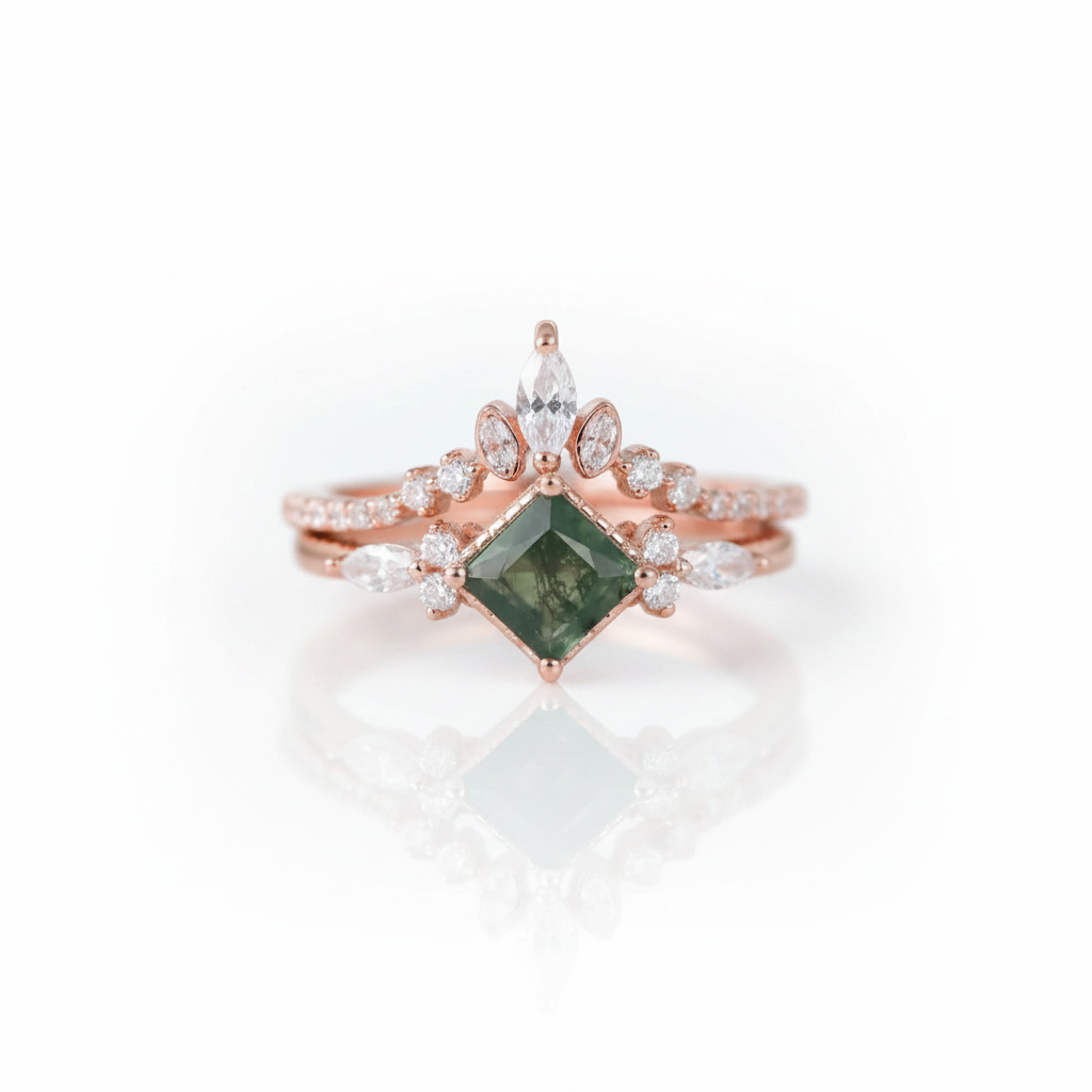 Princess Cut Moss Agate Art Deco Vintage Engagement Ring Set-Black Diamonds New York