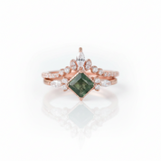 Princess Cut Moss Agate Art Deco Vintage Engagement Ring Set-Black Diamonds New York