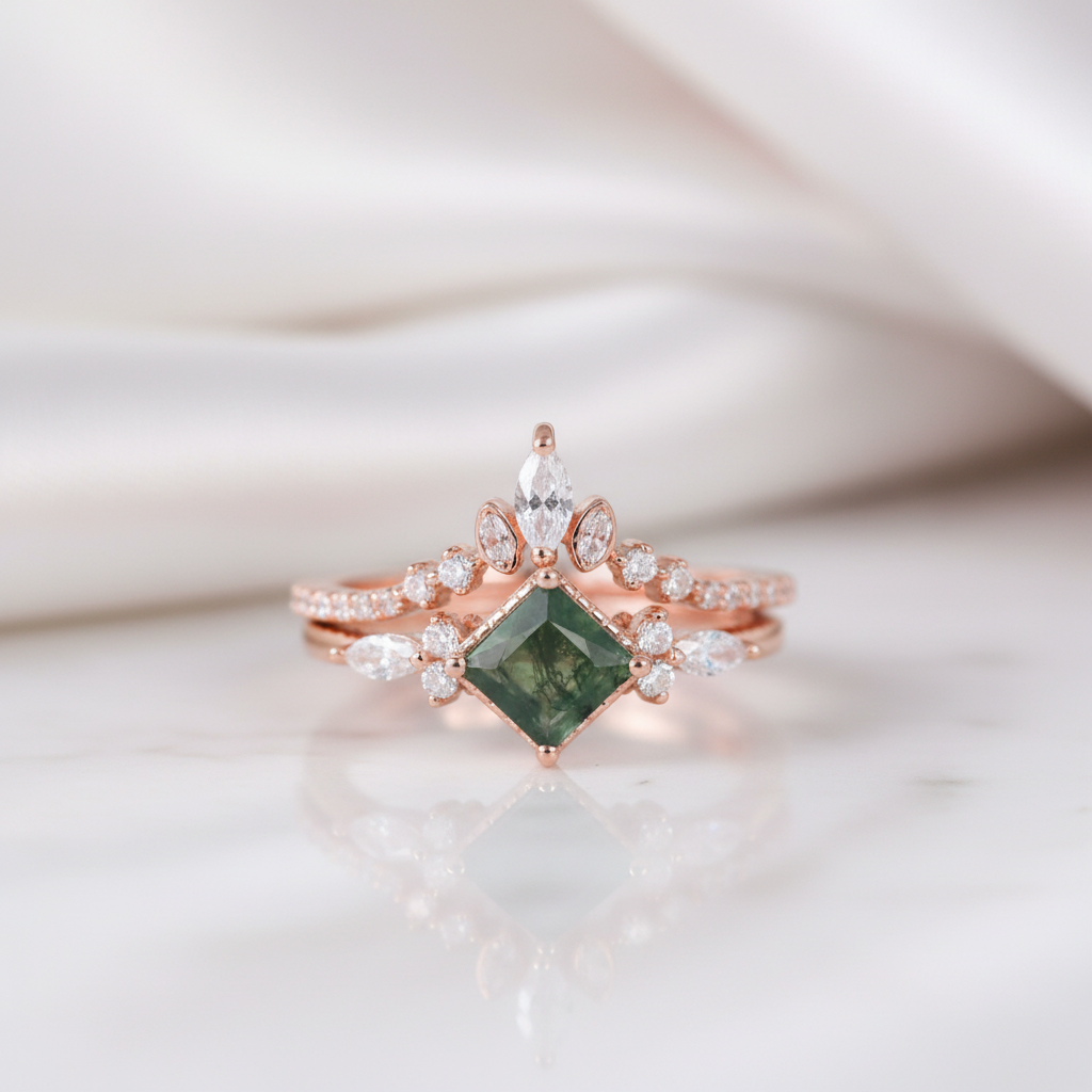 Princess Cut Moss Agate Art Deco Vintage Engagement Ring Set-Black Diamonds New York