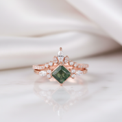 Princess Cut Moss Agate Art Deco Vintage Engagement Ring Set-Black Diamonds New York