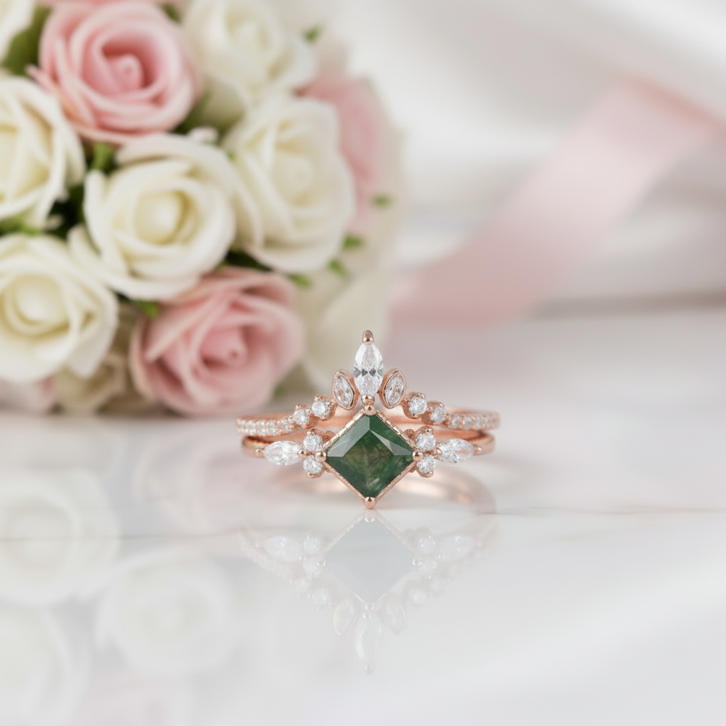 Princess Cut Moss Agate Art Deco Vintage Engagement Ring Set-Black Diamonds New York