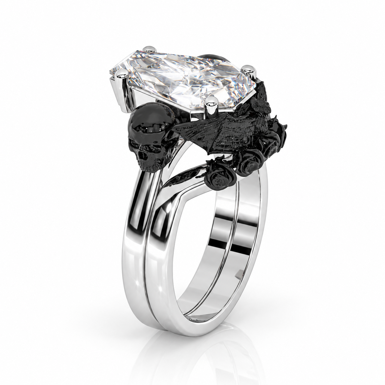 My Ever After Ring - Coffin Cut Diamond Option with Skulls, Bat and Roses Promise Ring-Black Diamonds New York