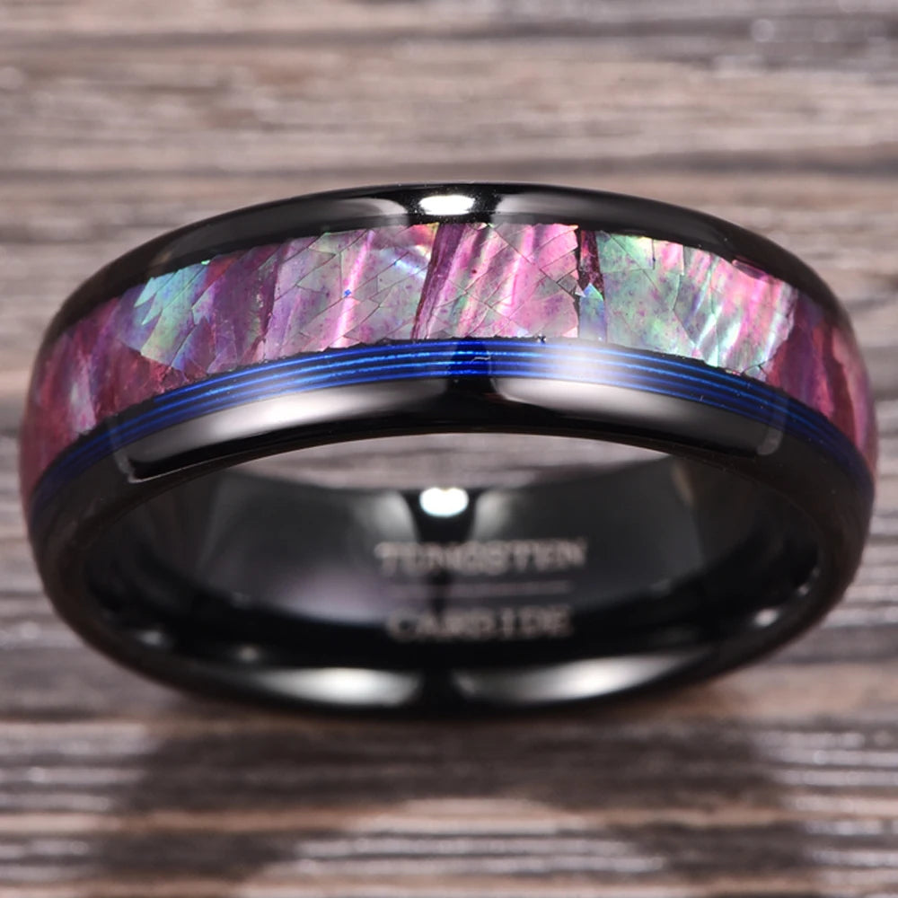 Dome Tungsten Wedding Band with Opal Abalone Shell & Blue Guitar String Inlay-Black Diamonds New York