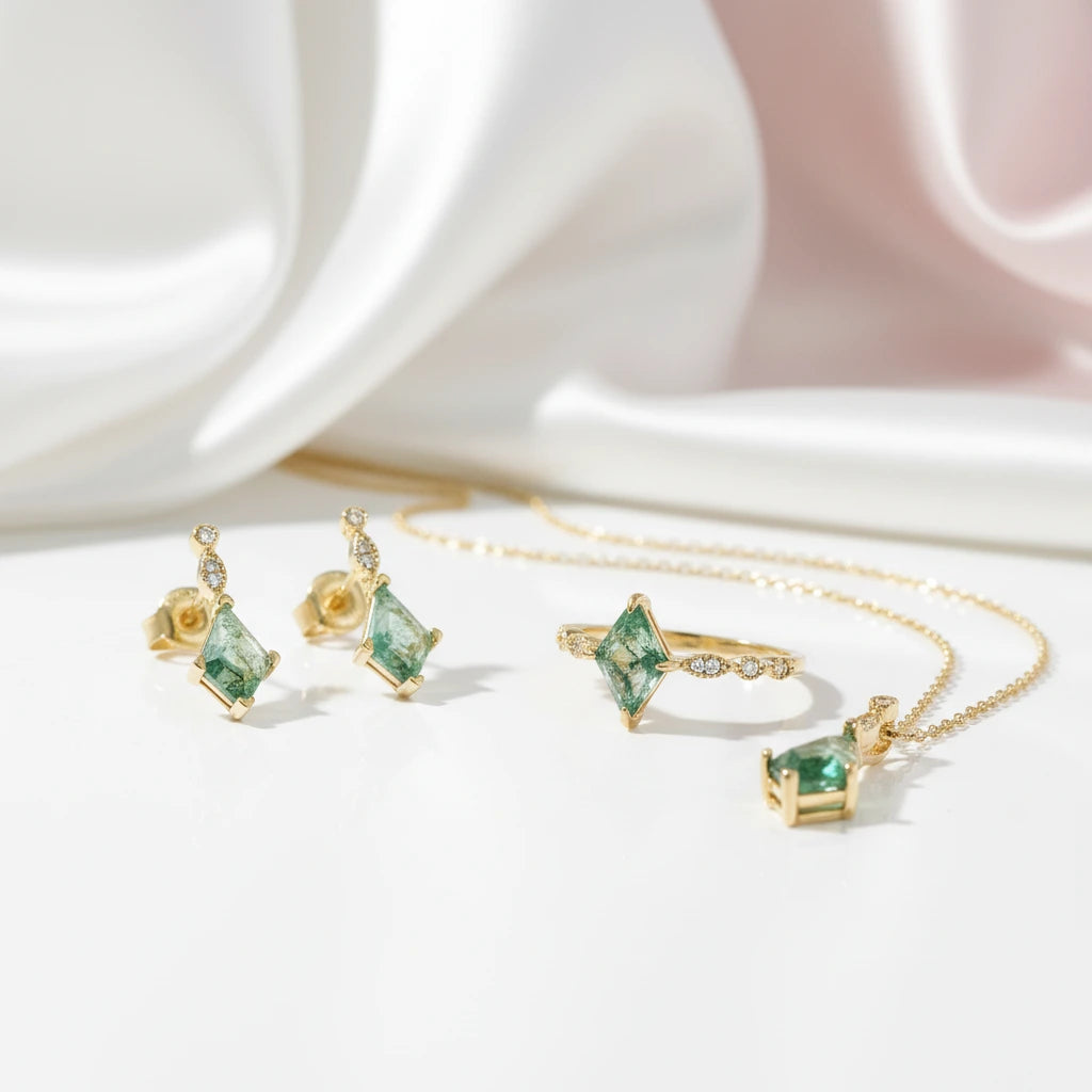 Kite Cut Natural Moss Agate Jewelry Set-Black Diamonds New York