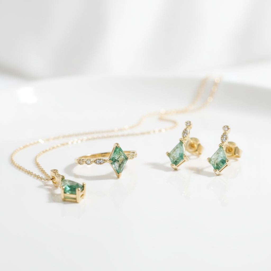 Kite Cut Natural Moss Agate Jewelry Set-Black Diamonds New York