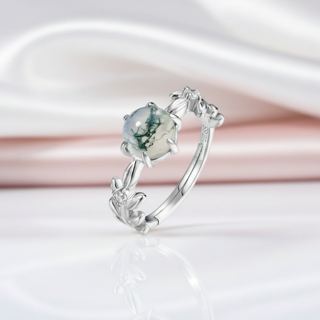 Round Cut Moss Agate Engagement Rings with Olive Branch Design-Black Diamonds New York