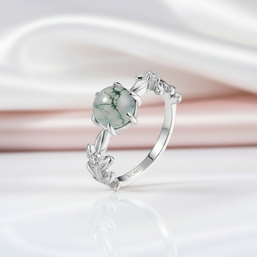 Round Cut Moss Agate Engagement Rings with Olive Branch Design-Black Diamonds New York