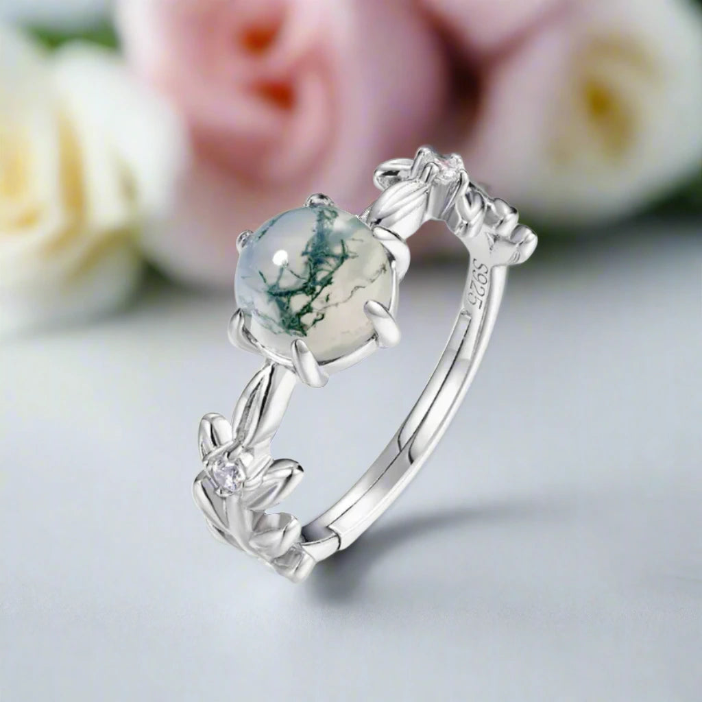 Round Cut Moss Agate Engagement Rings with Olive Branch Design-Black Diamonds New York