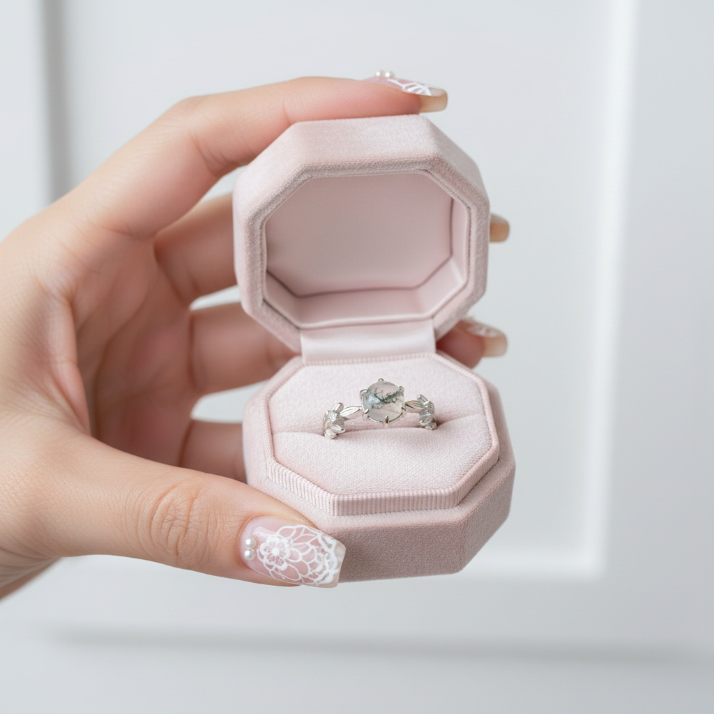 Round Cut Moss Agate Engagement Rings with Olive Branch Design-Black Diamonds New York