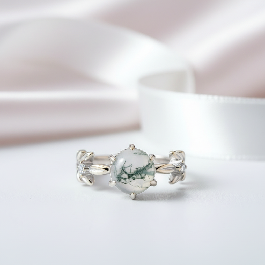 Round Cut Moss Agate Engagement Rings with Olive Branch Design-Black Diamonds New York
