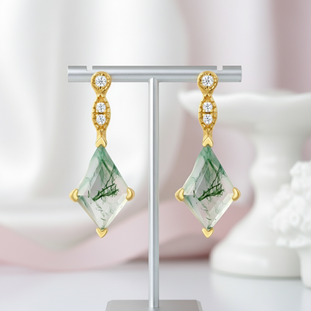 Kite Shaped Moss Agate Yellow Gold Earrings-Black Diamonds New York