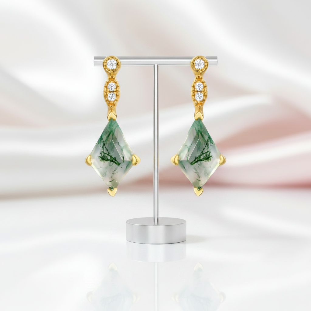 Kite Shaped Moss Agate Yellow Gold Earrings-Black Diamonds New York