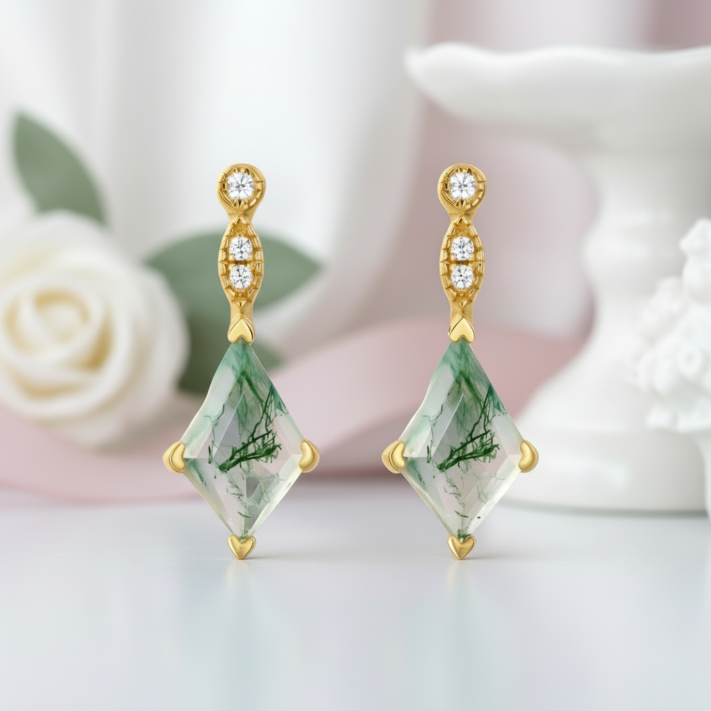 Kite Shaped Moss Agate Yellow Gold Earrings-Black Diamonds New York