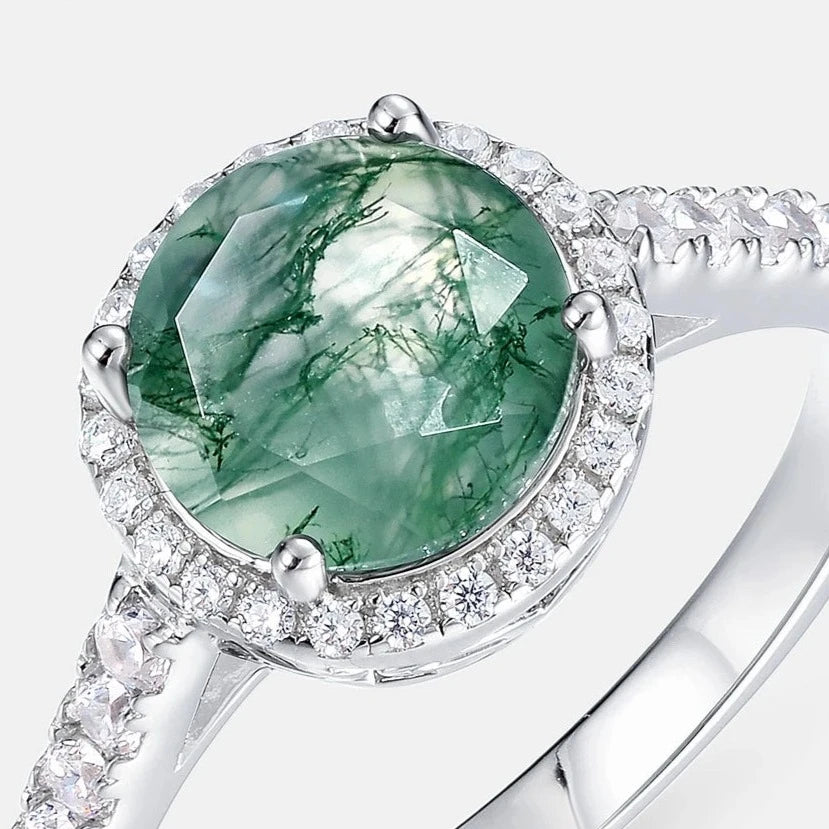 8mm Round Moss Agate Halo Engagement Ring-Black Diamonds New York
