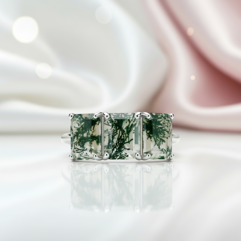 Three Stone Emerald Cut Moss Agate Ring-Black Diamonds New York