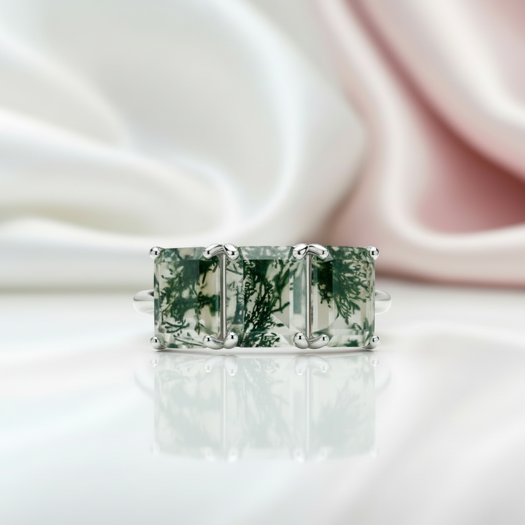 Three Stone Emerald Cut Moss Agate Ring-Black Diamonds New York